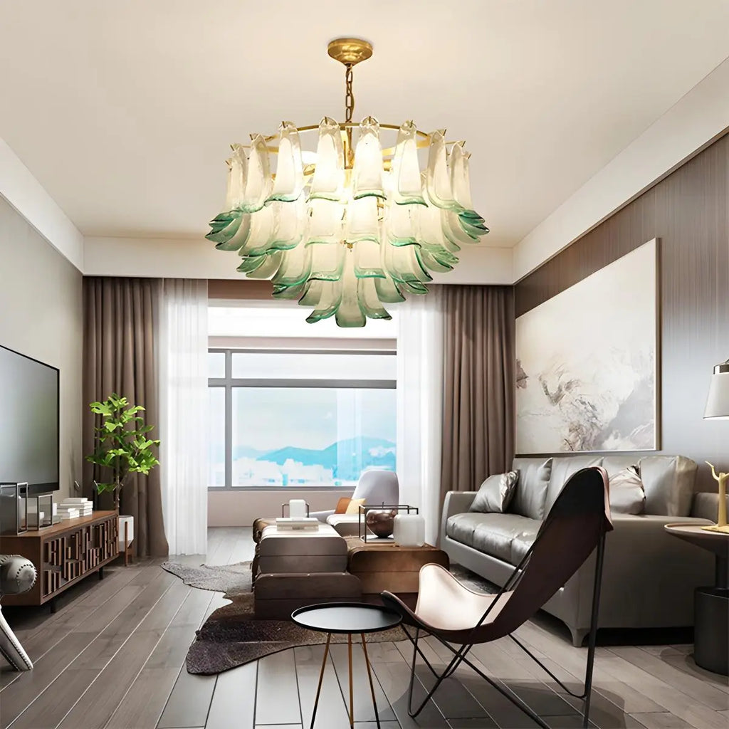 Gold Tiered Green Glass Chandelier for High Ceiling | Desfino
