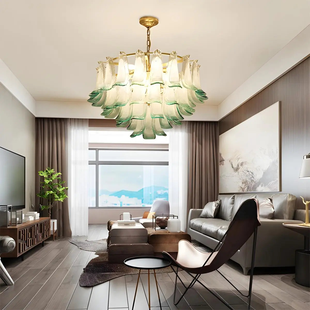 Gold Tiered Green Glass Chandelier for High Ceiling | Desfino