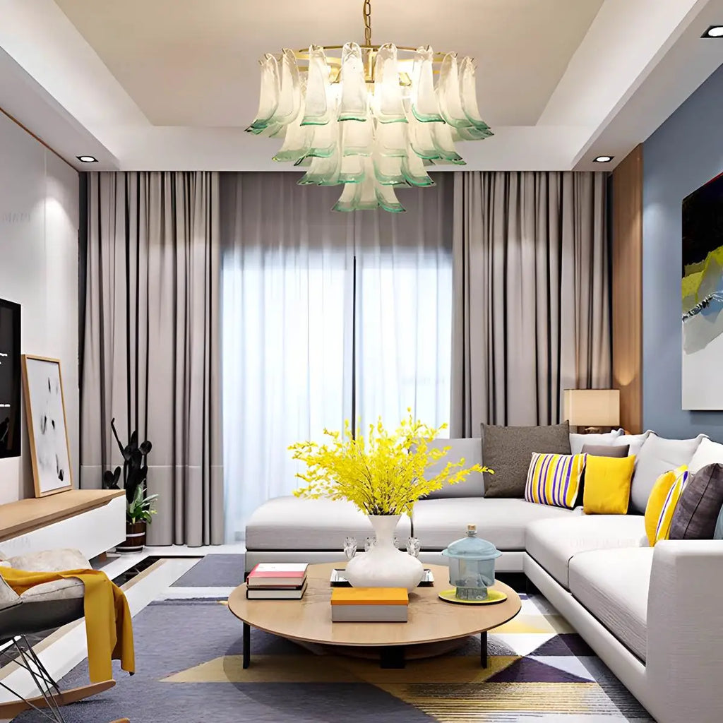 Gold Tiered Green Glass Chandelier for High Ceiling | Desfino