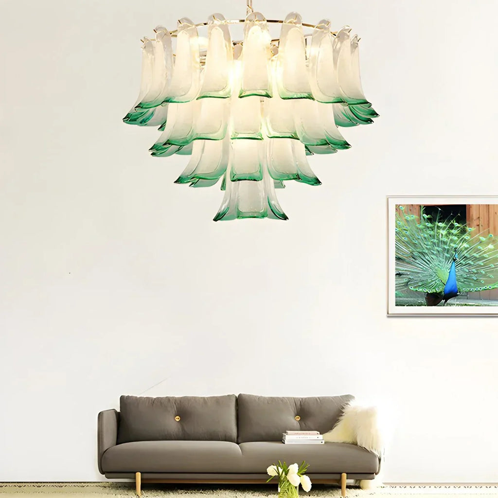 Gold Tiered Green Glass Chandelier for High Ceiling | Desfino