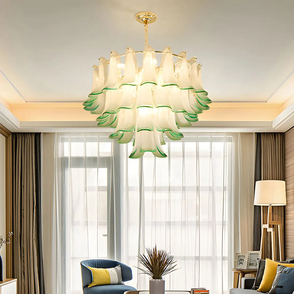 Gold Tiered Green Glass Chandelier for High Ceiling | Desfino