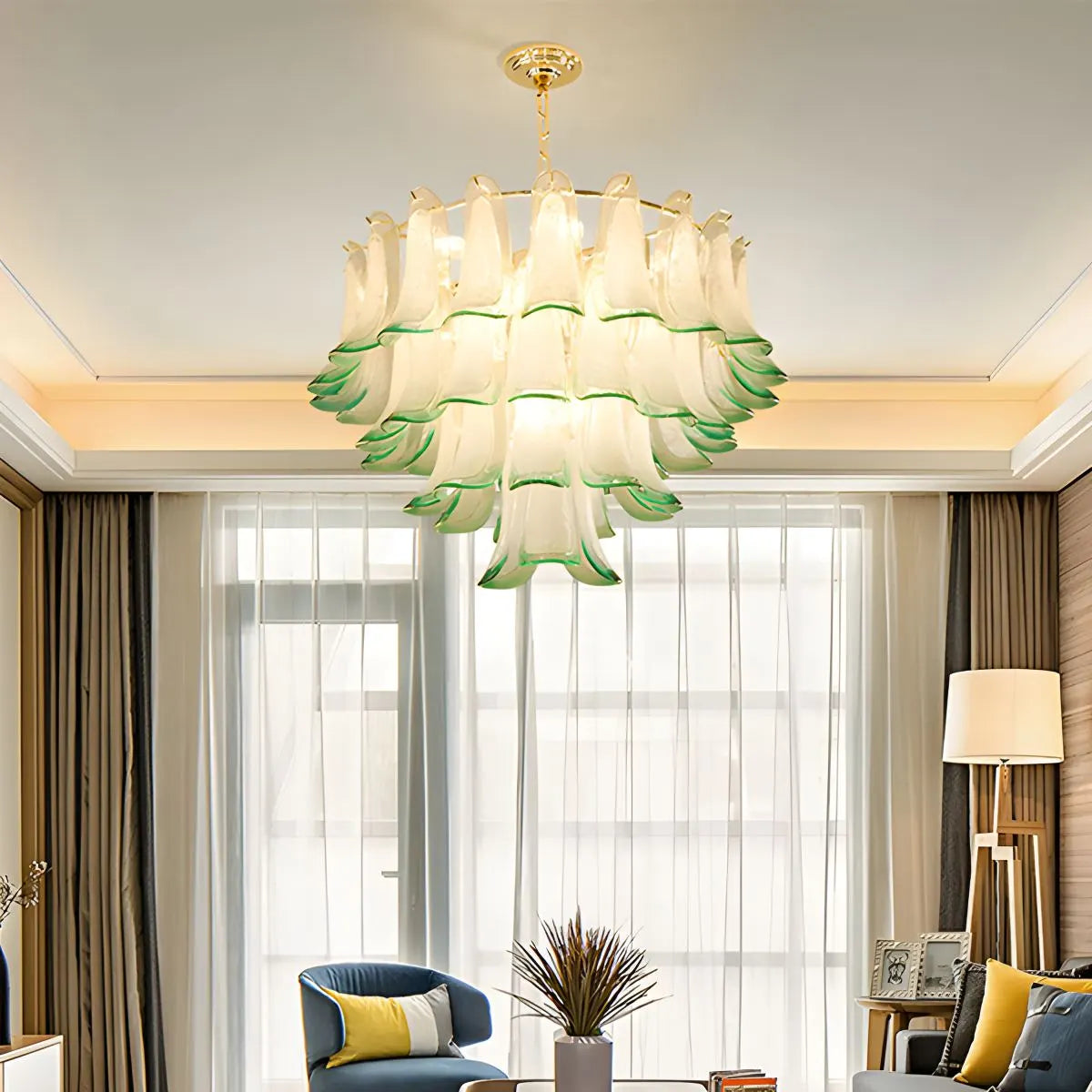 Gold Tiered Green Glass Chandelier for High Ceiling | Desfino