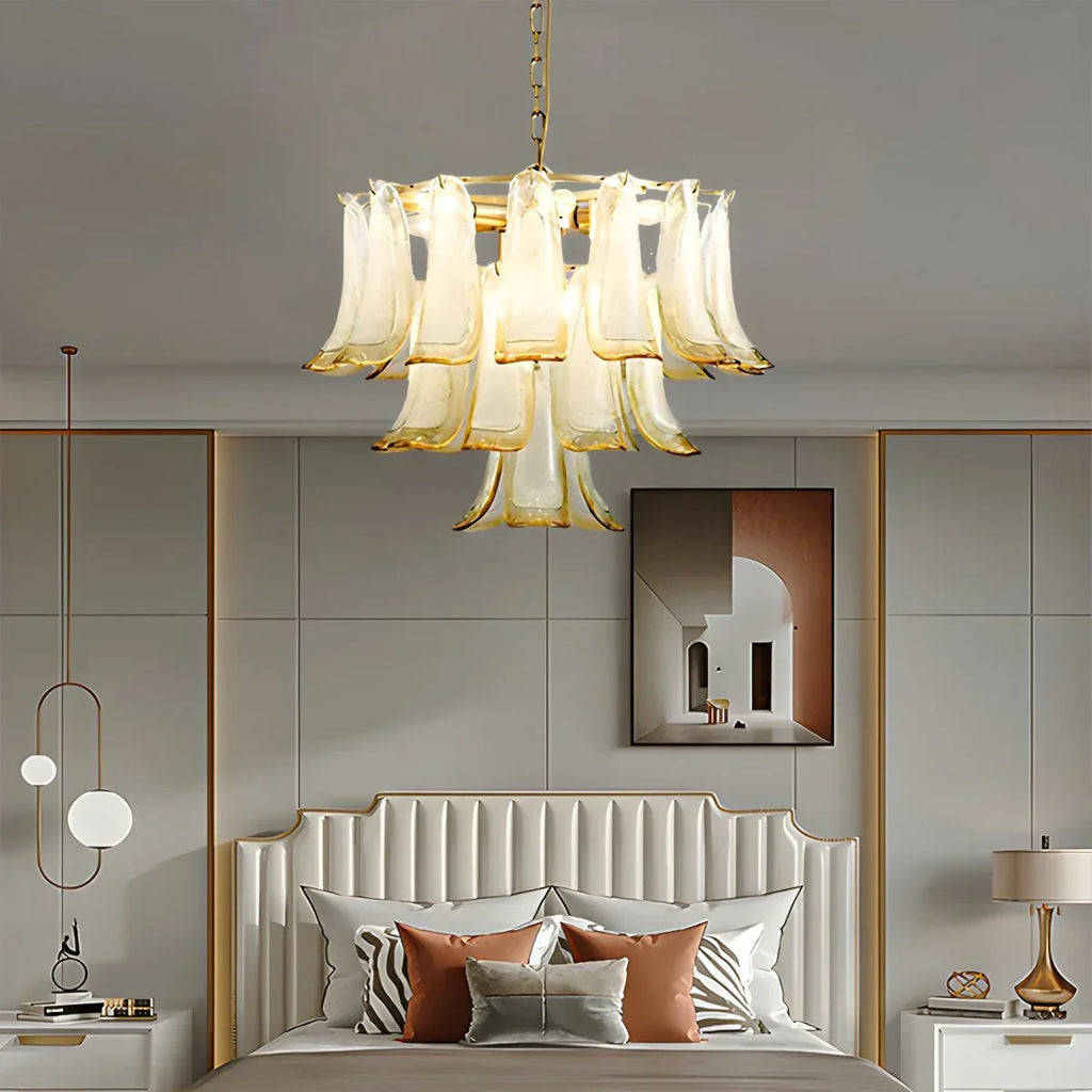 Gold Tiered Green Glass Chandelier for High Ceiling | Desfino