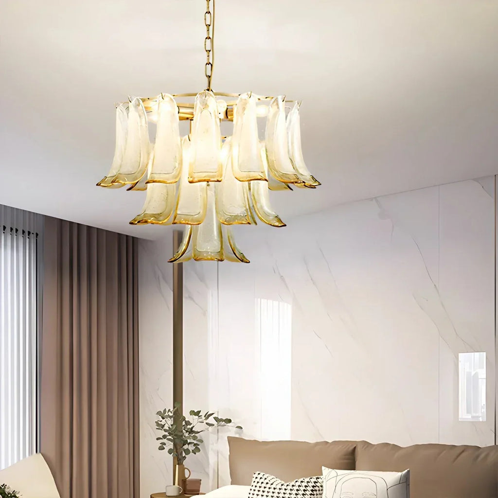 Gold Tiered Green Glass Chandelier for High Ceiling | Desfino