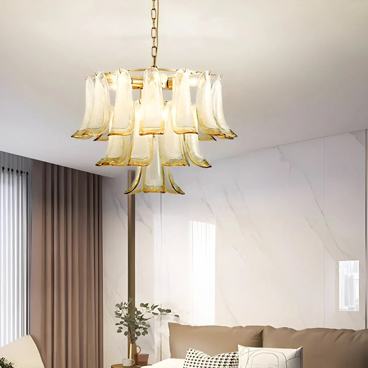 Gold Tiered Green Glass Chandelier for High Ceiling | Desfino