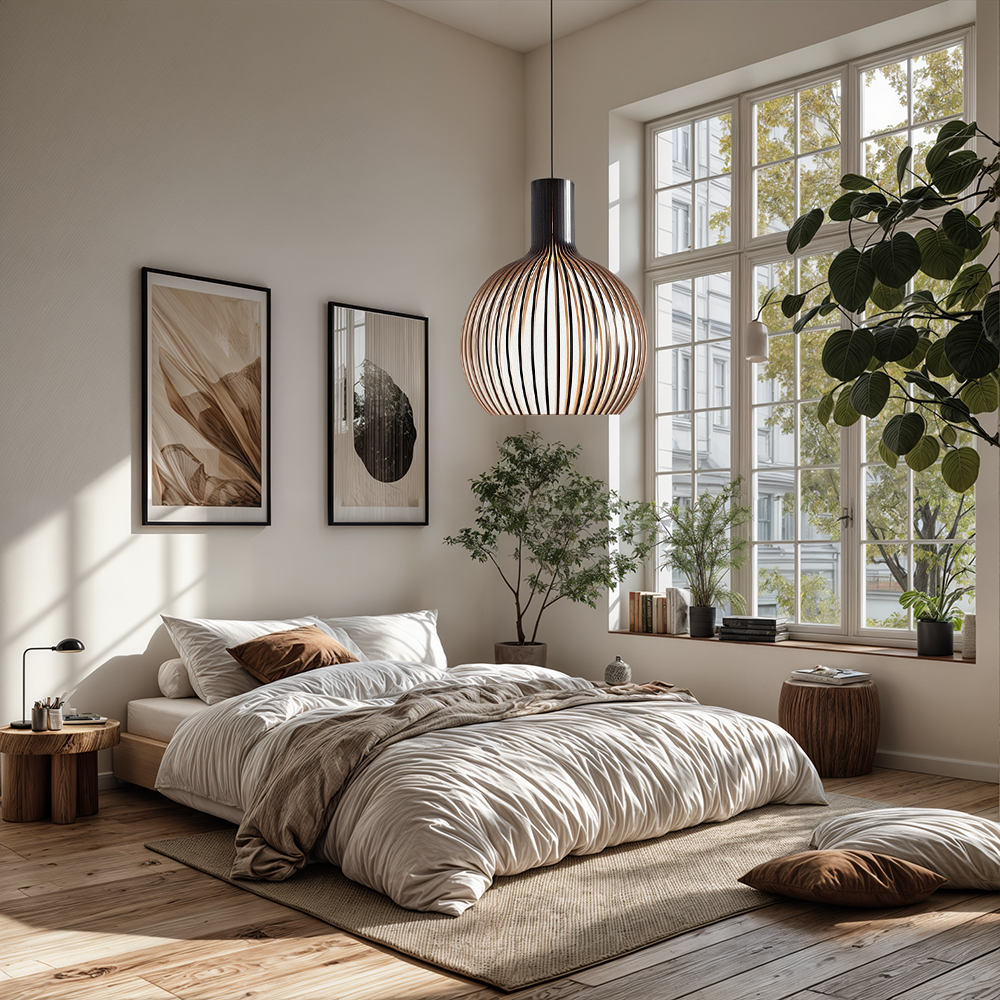 مصباح قلادة Nordic بقفص من خشب الخيزران الطبيعي، سلك أسود قابل للتعديل - Desfino