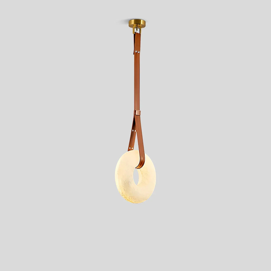 Round Spanish Alabaster Pendant Light Leather Hanging Wire | Desfino