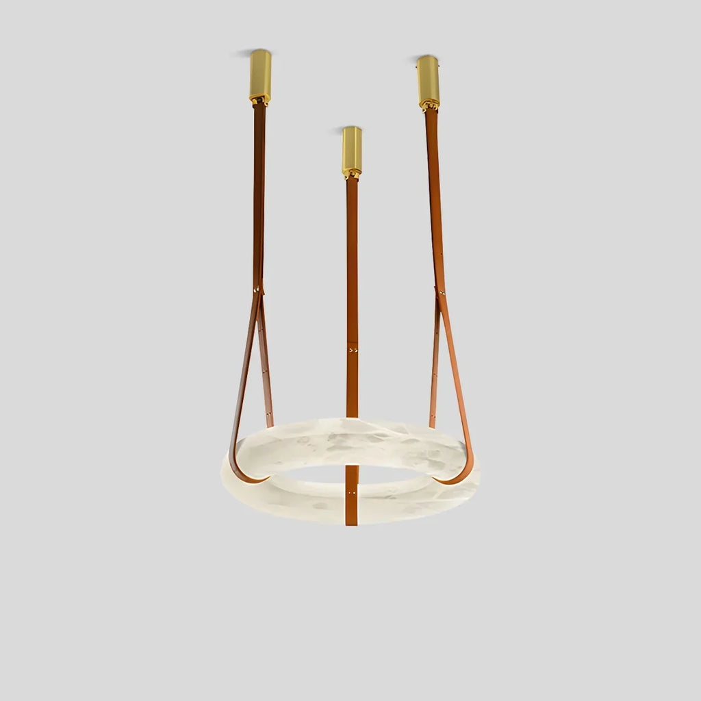 Round Spanish Alabaster Pendant Light Leather Hanging Wire | Desfino