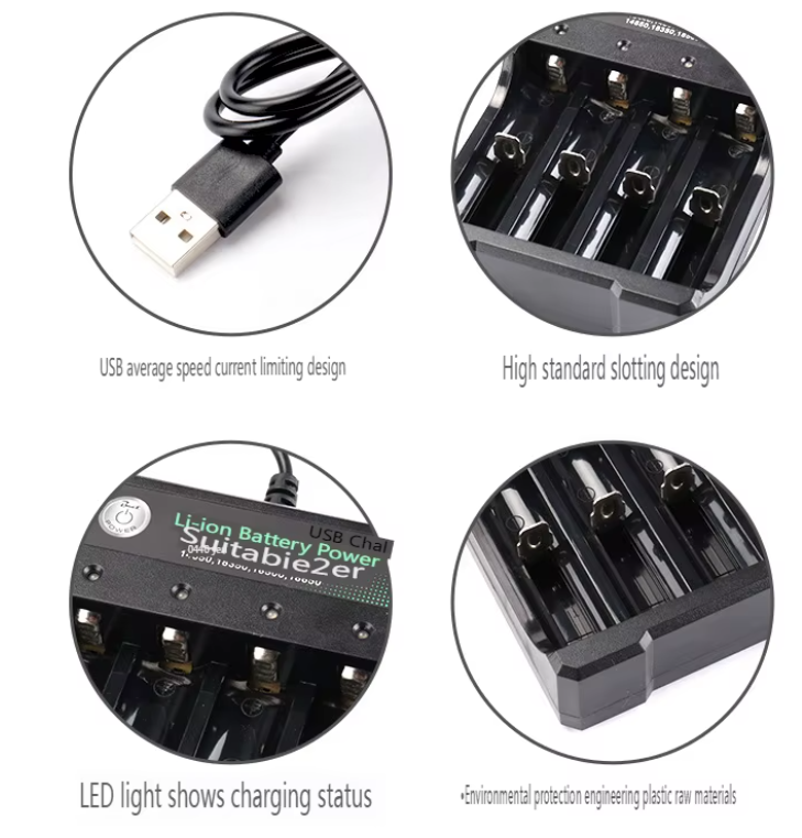 Încărcător Li-ion cu 4 sloturi pentru 18650 - 110V/220V UE/SUA, 3.7V/4.2V, 18500 - Desfino