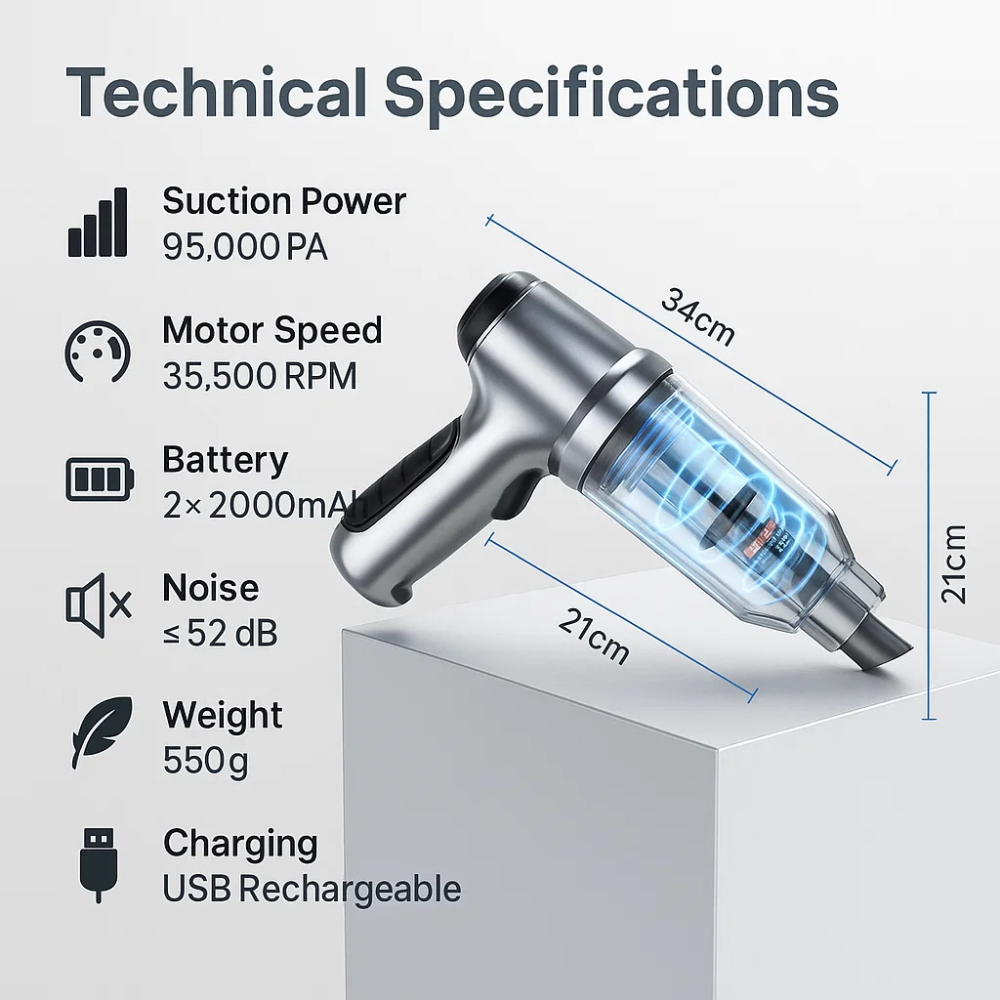 PulseGo Cordless Car Vacuum Cleaner — 95,000 Pa Suction, Compact - Desfino