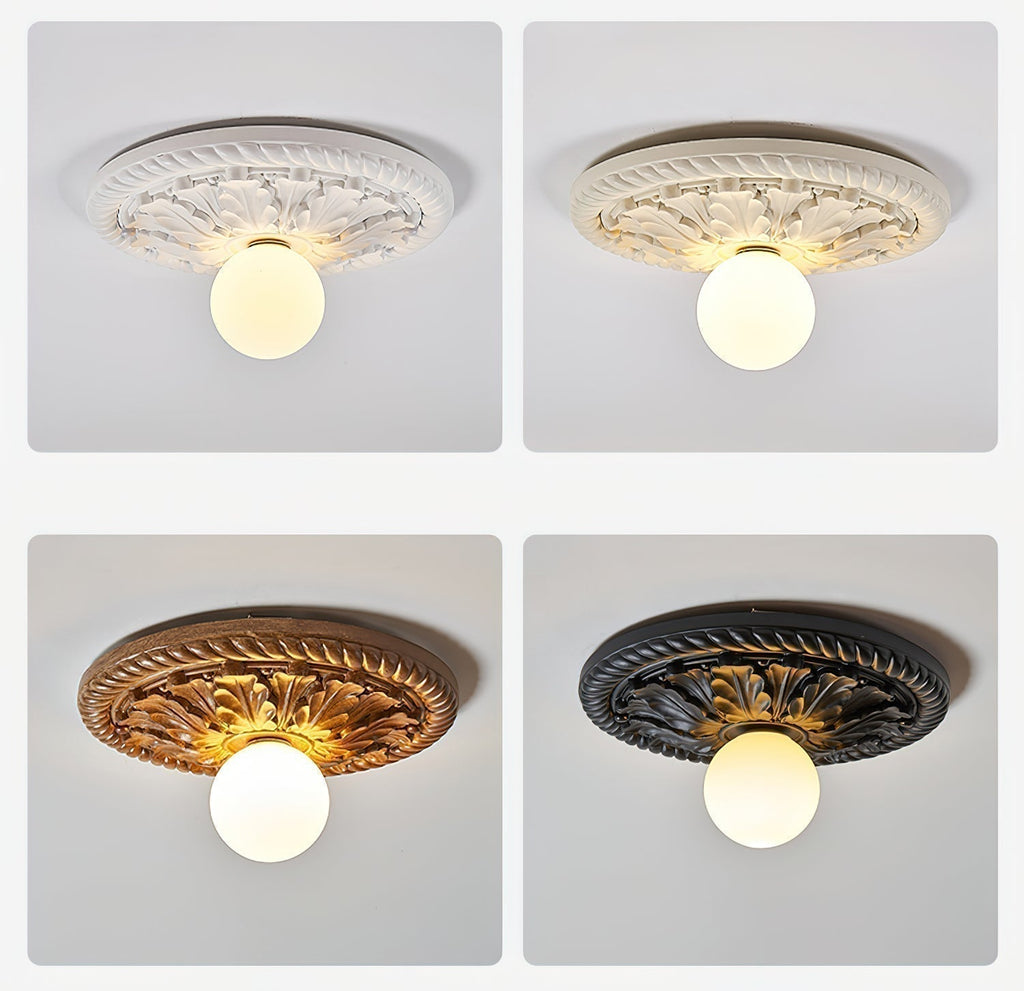 Aurelia Deckenleuchte in Antikgold — vintage geschnitzter Sockel, Opalglas-Kugel - Desfino