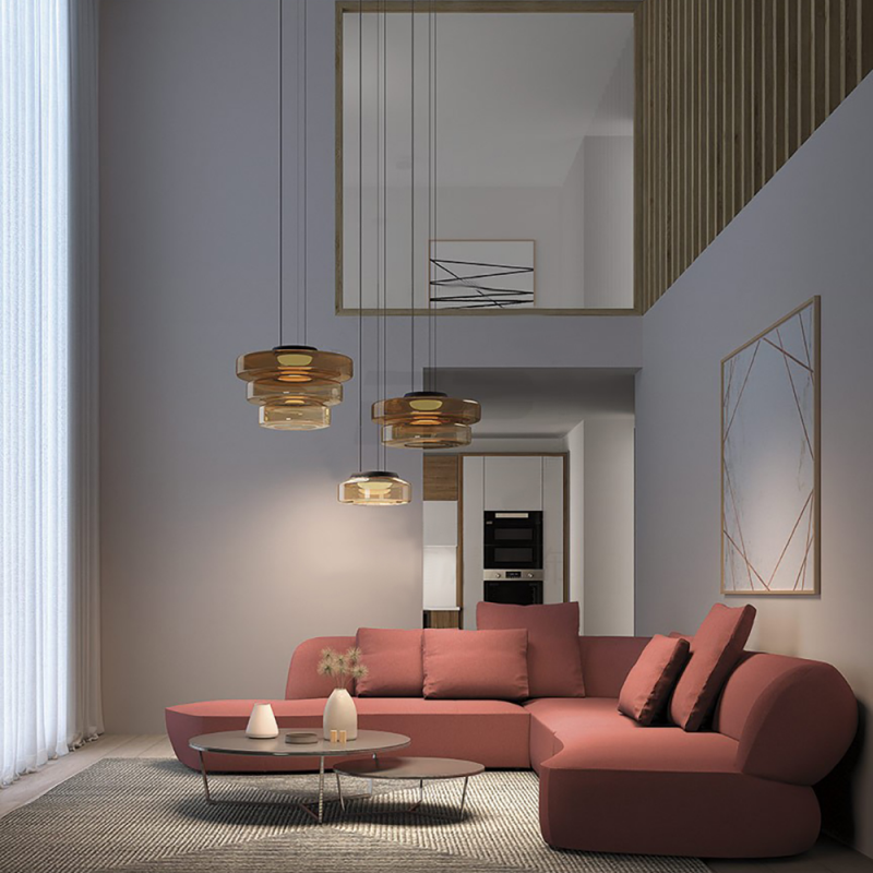 Suspension de plafond en verre Asteron inspirée de la lune et du Bauhaus - Desfino