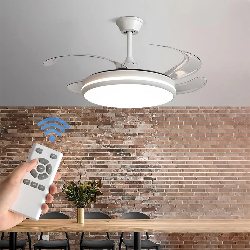 Moderner Deckenventilator mit Fernbedienung und transparenten Flügeln | Desfino