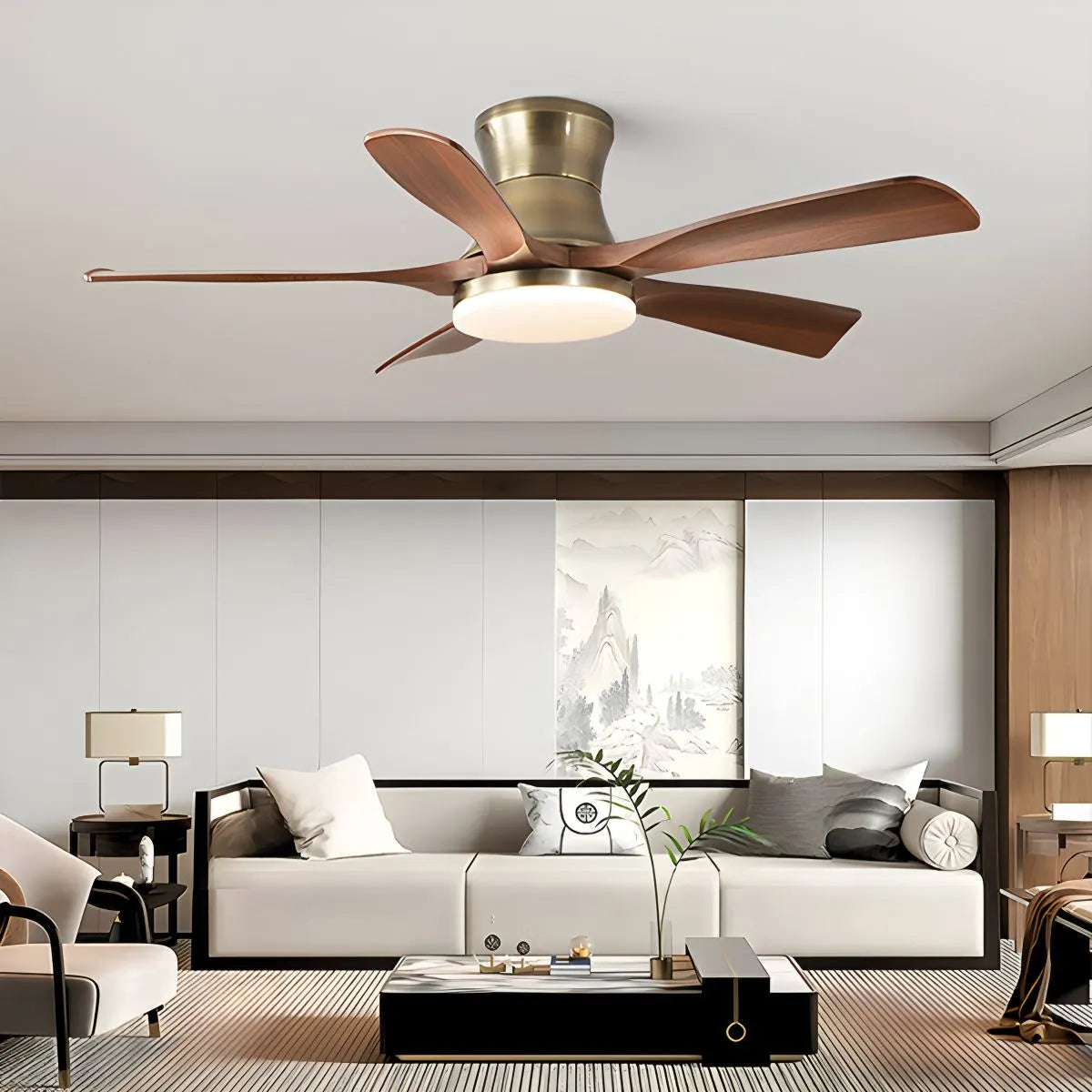 Moderner Deckenventilator mit 5 Flügeln, Licht und Fernbedienung | Desfino