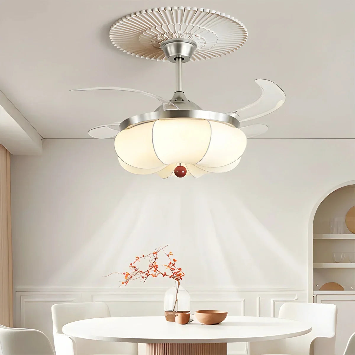 Retro-Deckenventilator mit Stoffschirm und Licht für das Esszimmer | Desfino