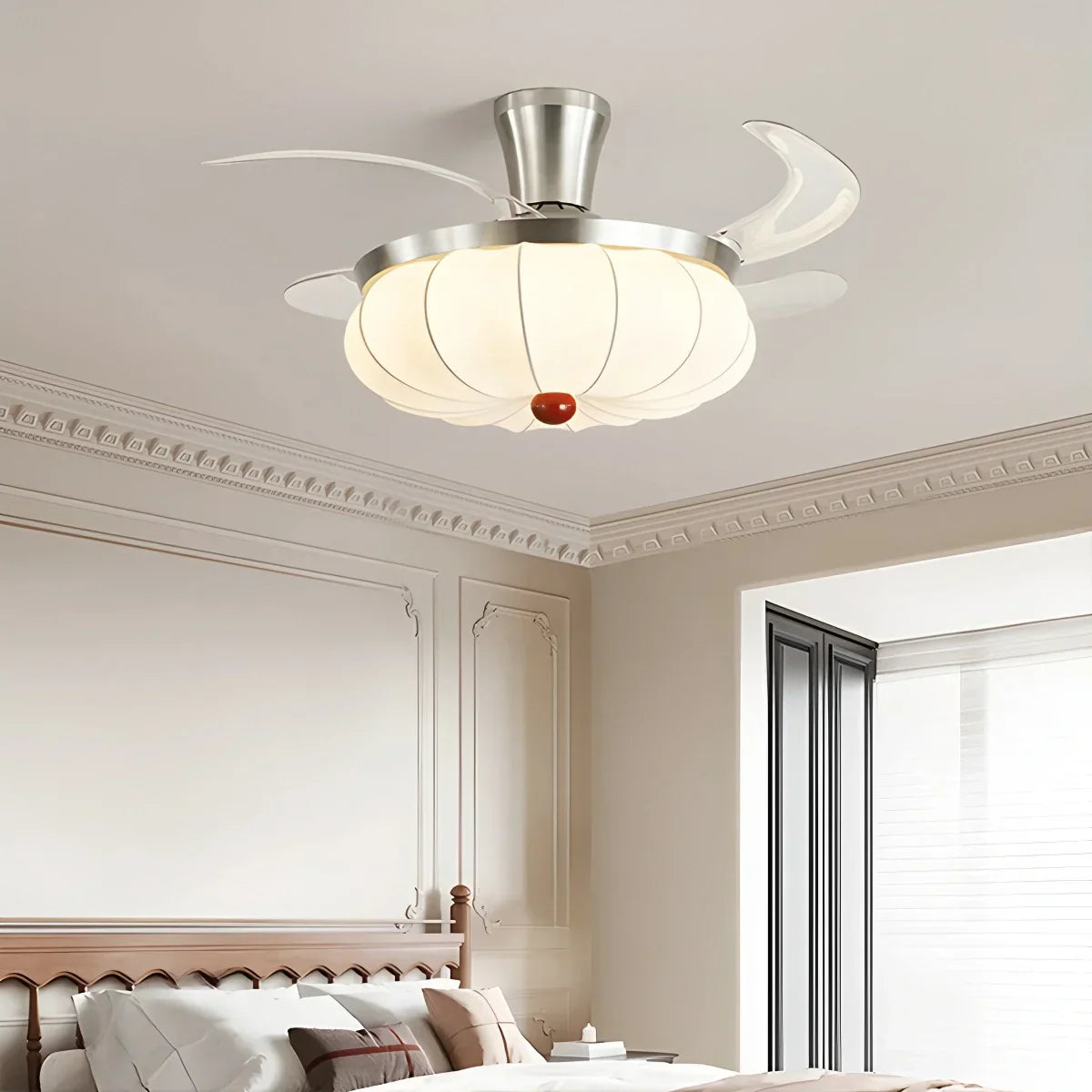 Retro-Deckenventilator mit Stoffschirm und Licht für das Esszimmer | Desfino