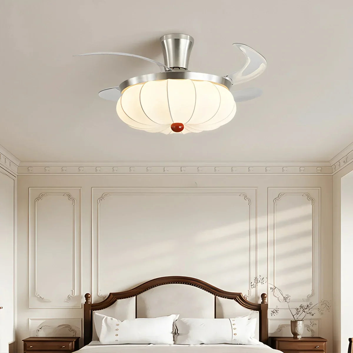 Retro-Deckenventilator mit Stoffschirm und Licht für das Esszimmer | Desfino