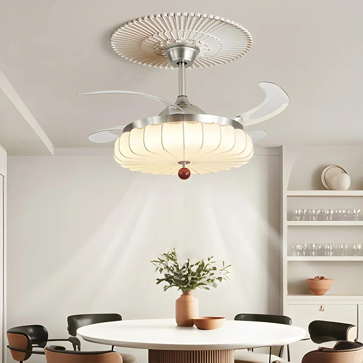 Retro-Deckenventilator mit Stoffschirm und Licht für das Esszimmer | Desfino