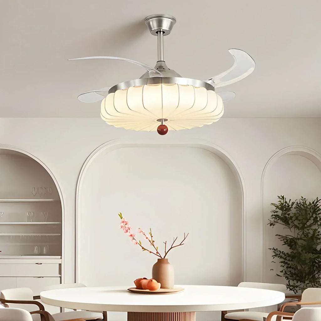 Retro-Deckenventilator mit Stoffschirm und Licht für das Esszimmer | Desfino