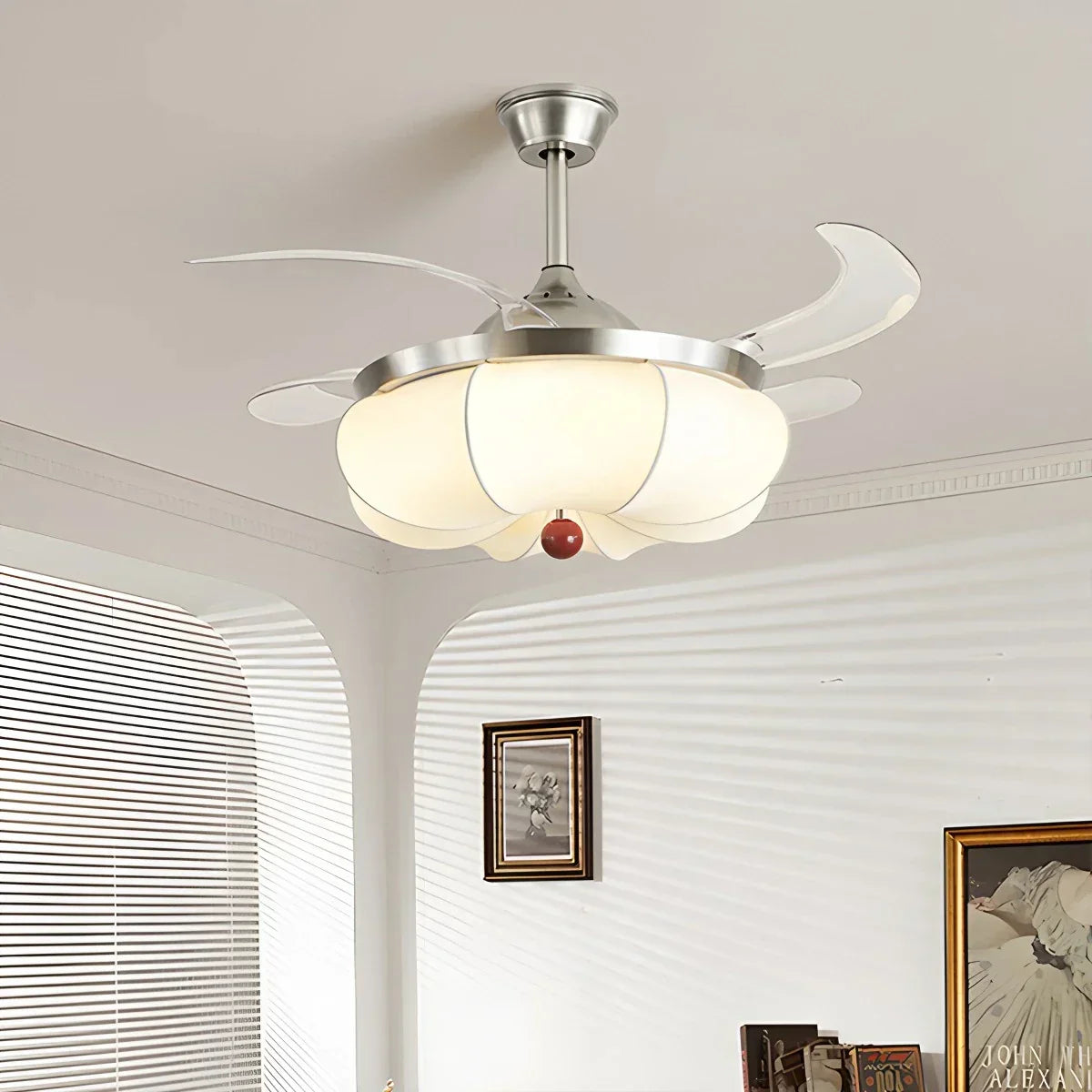 Retro-Deckenventilator mit Stoffschirm und Licht für das Esszimmer | Desfino