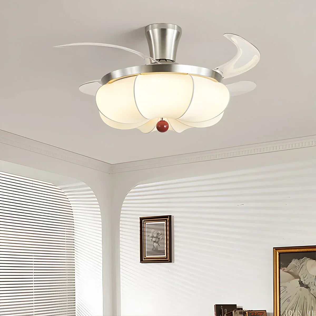 Retro-Deckenventilator mit Stoffschirm und Licht für das Esszimmer | Desfino