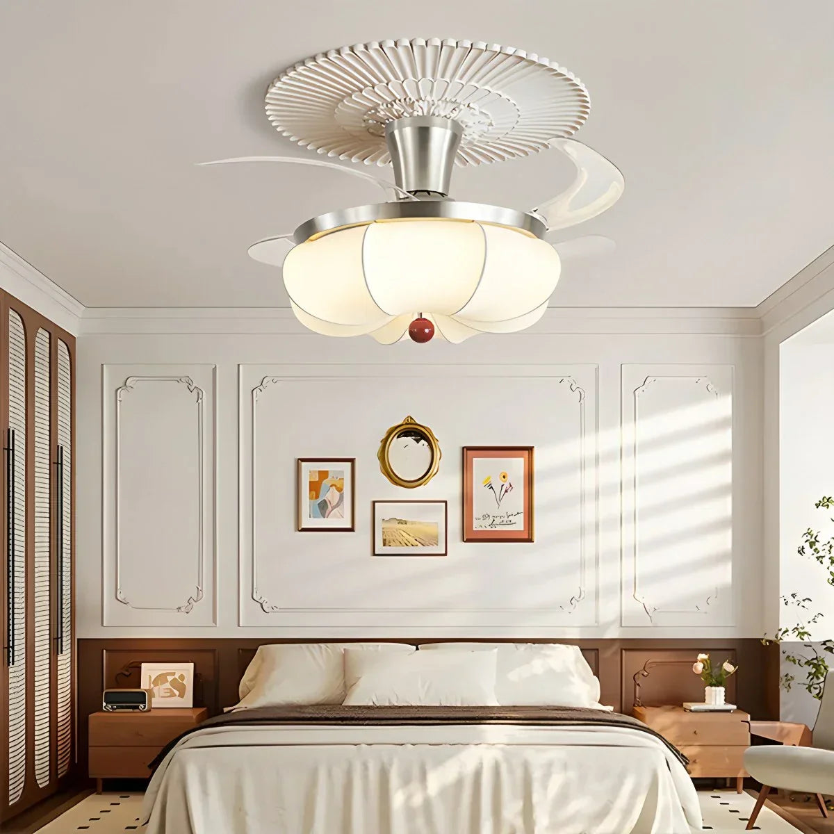 Retro-Deckenventilator mit Stoffschirm und Licht für das Esszimmer | Desfino