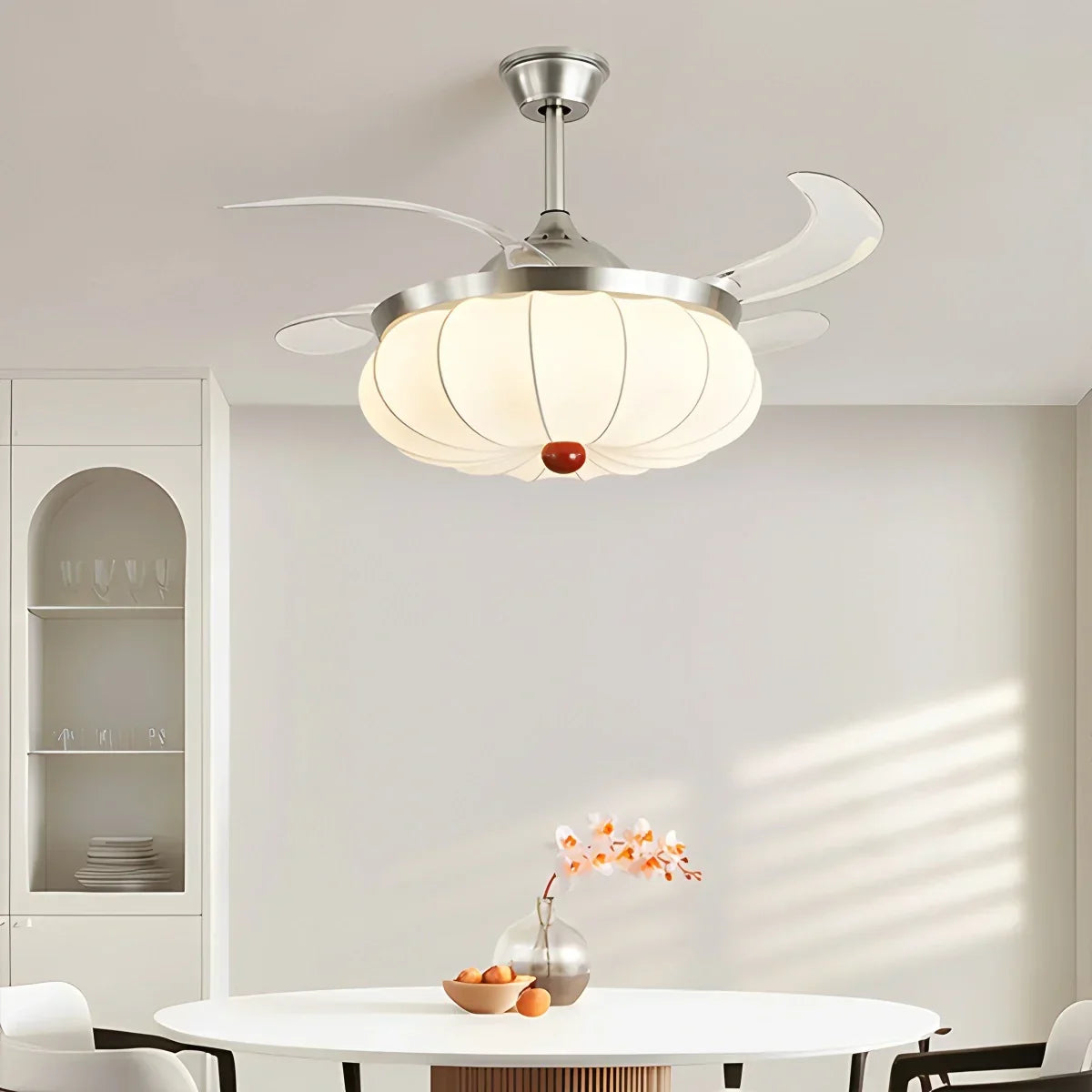 Retro-Deckenventilator mit Stoffschirm und Licht für das Esszimmer | Desfino
