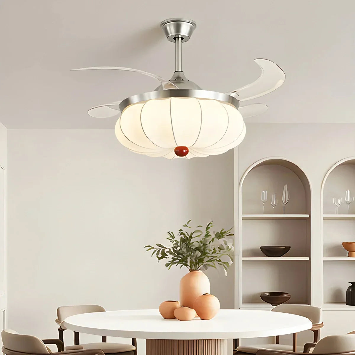 Retro-Deckenventilator mit Stoffschirm und Licht für das Esszimmer | Desfino