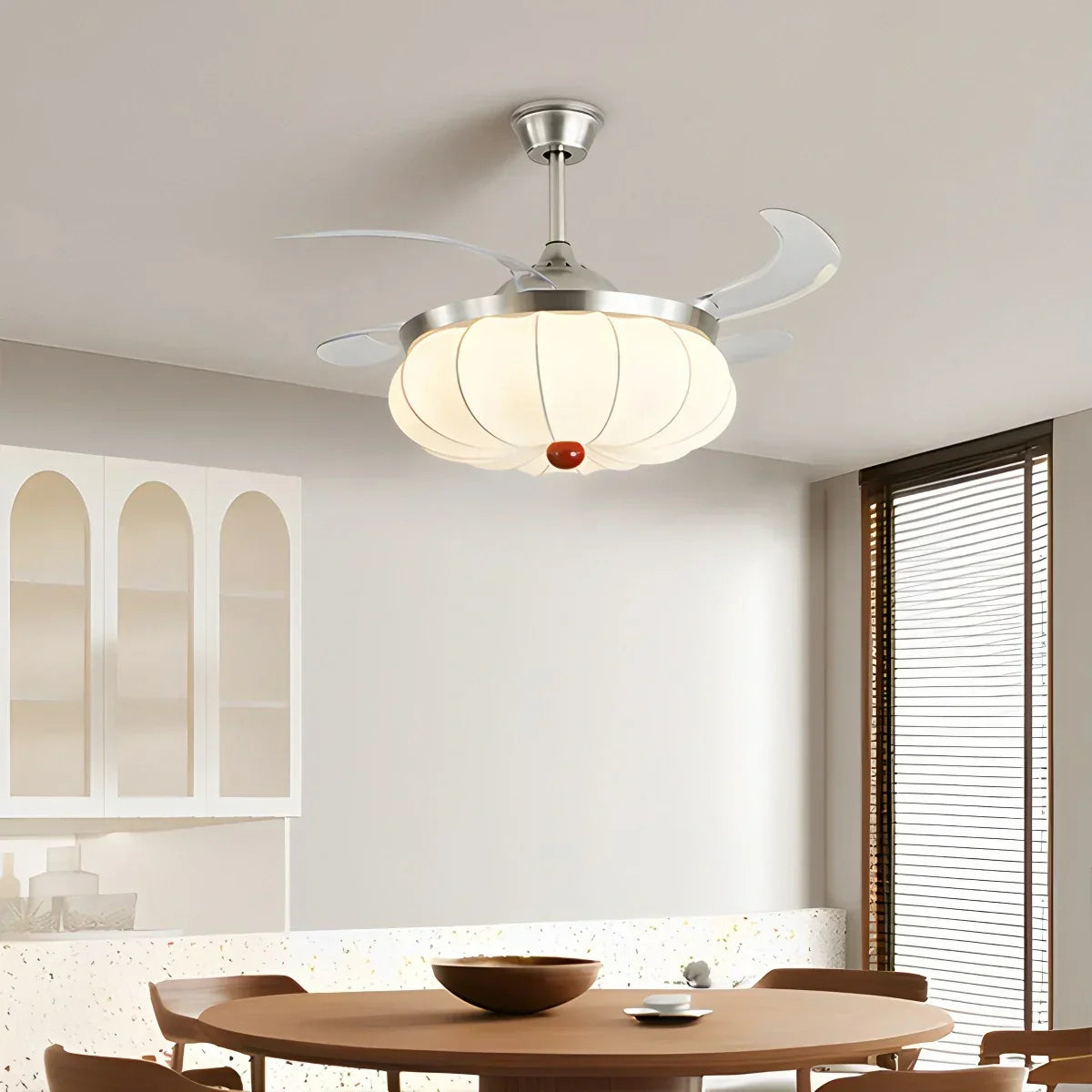 Retro-Deckenventilator mit Stoffschirm und Licht für das Esszimmer | Desfino