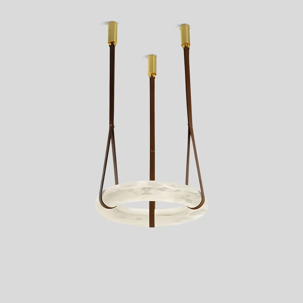 Round Spanish Alabaster Pendant Light Leather Hanging Wire | Desfino