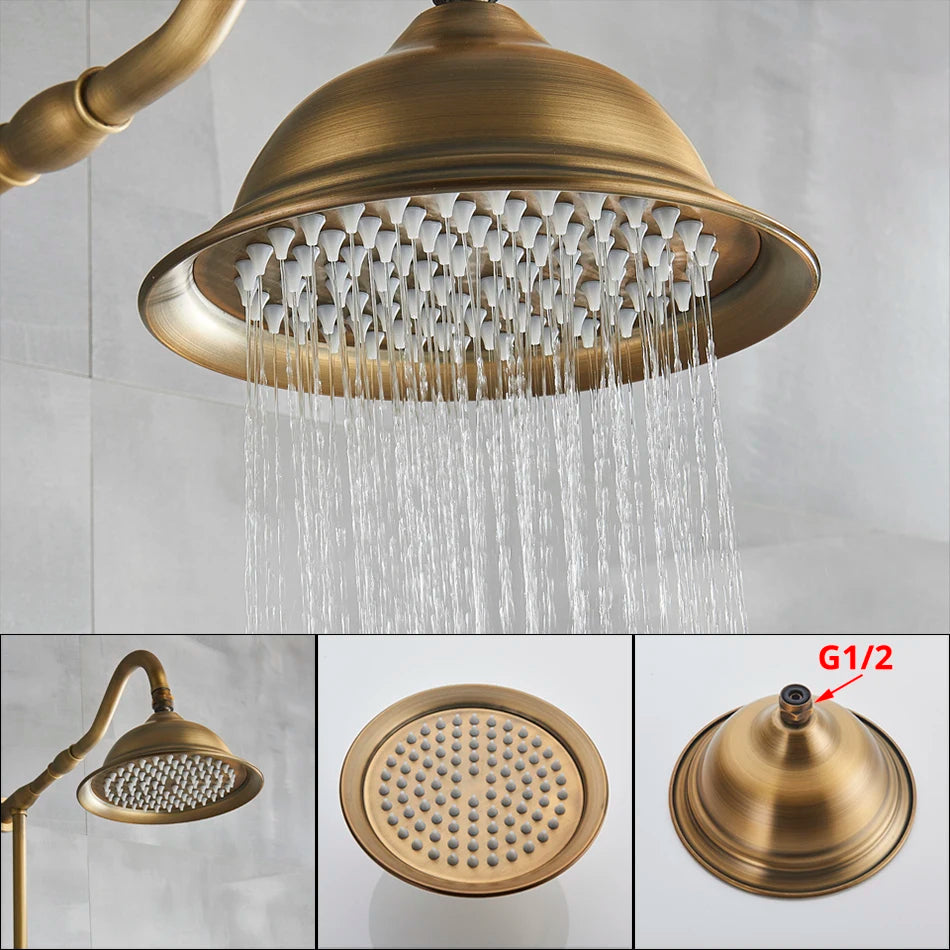Klasický sprchový systém Marlen z antické mosazi do zdi — termostatické ovládání - Desfino