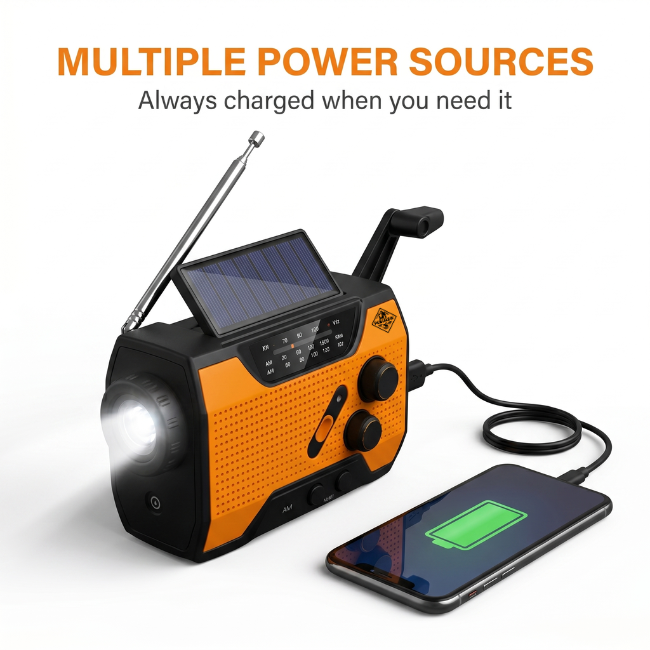 Emergency Weather Radio, 4-In-1 System — Power Bank, Flashlight, SOS Alarm