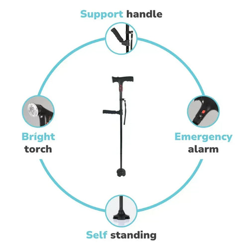 AeroAssist Folding LED Cane — Seated-Standing Aid, LED Light & Alarm - Desfino