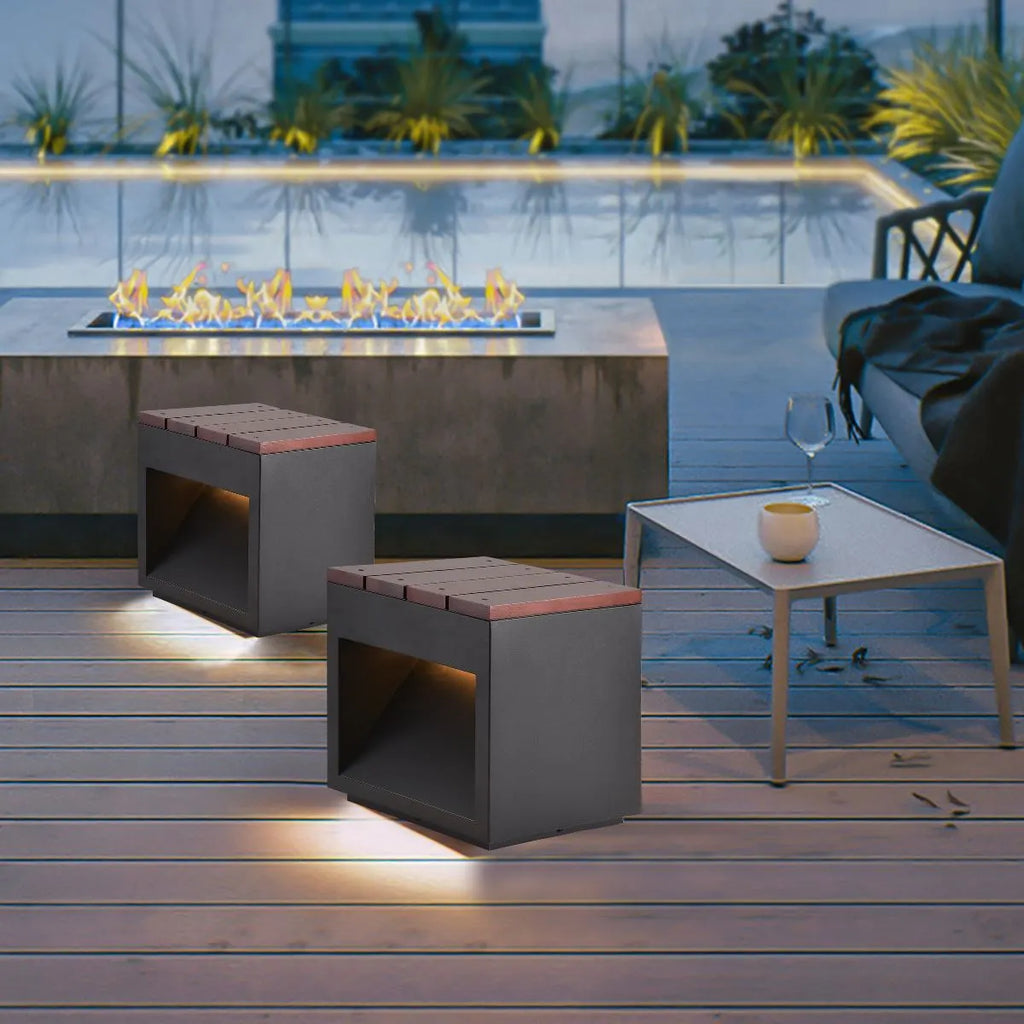 Solar Wooden Square Stool Outdoor Light | Desfino