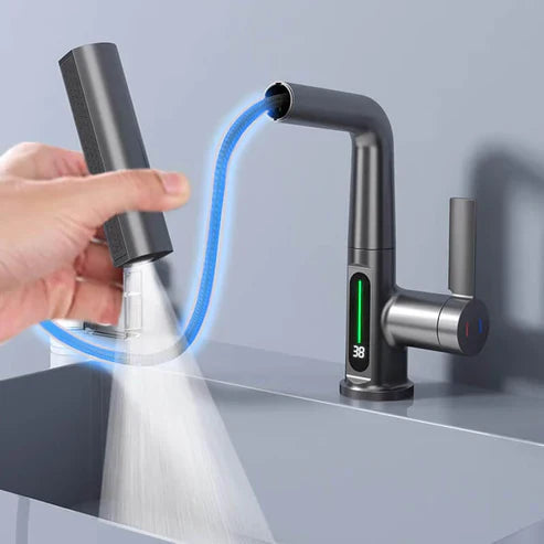 Bateria kuchenna Watermaster z wyciąganą wylewką — wąż 60 cm, obrót 360°, wskaźnik temperatury - Desfino