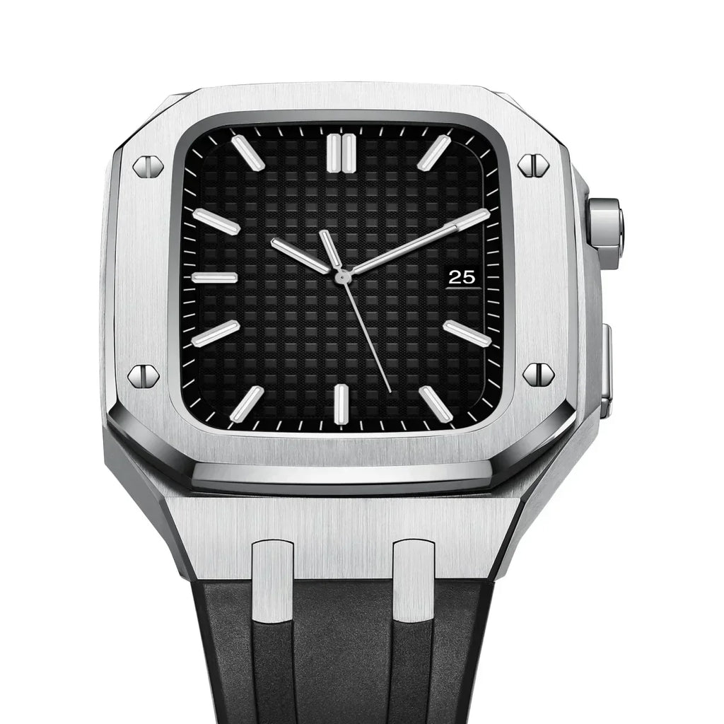 Kirello09 Apple Watch-dekselsett for ombygging — silikonrem, etui i 316L-stål - Desfino
