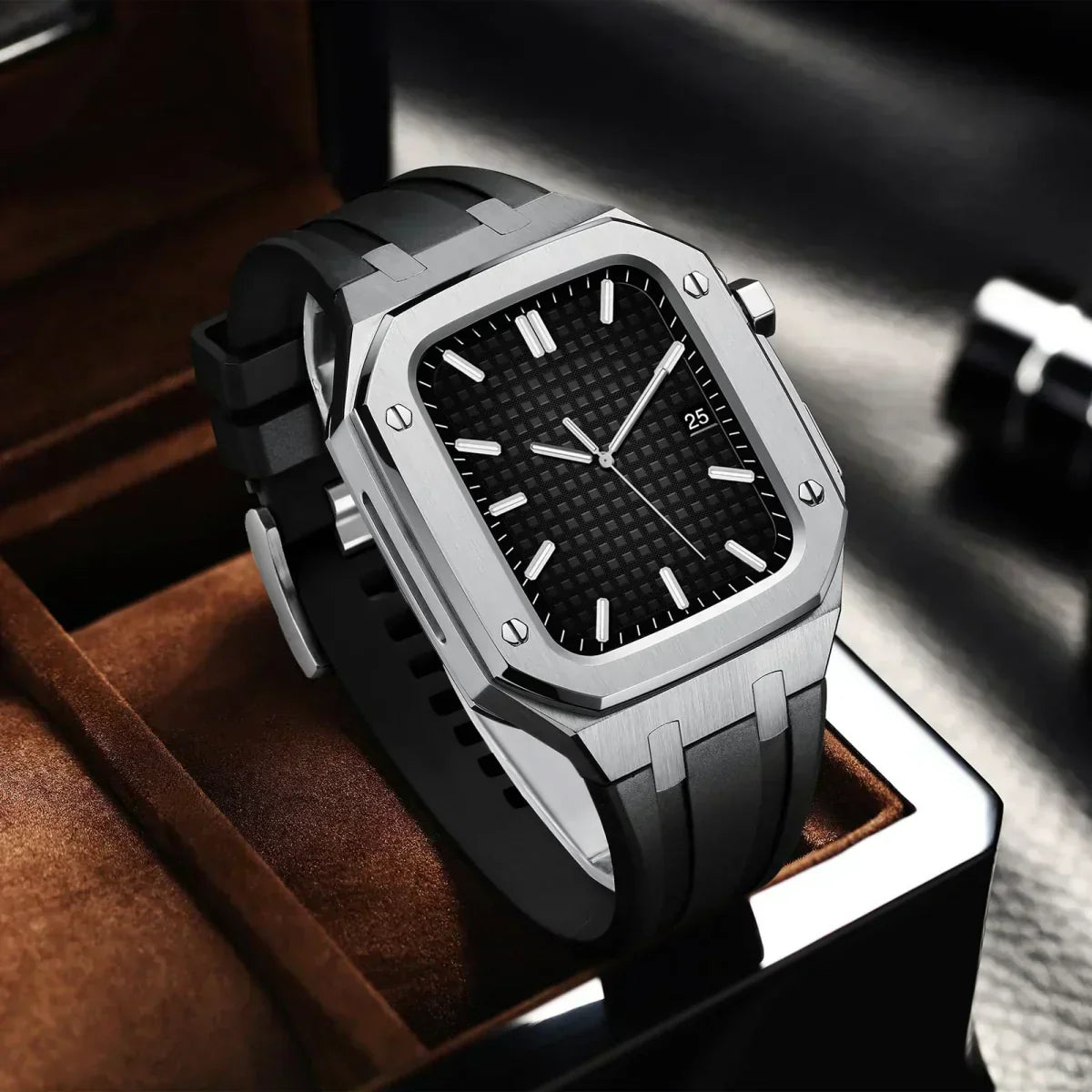 Kirello09 Apple Watch-dekselsett for ombygging — silikonrem, etui i 316L-stål - Desfino