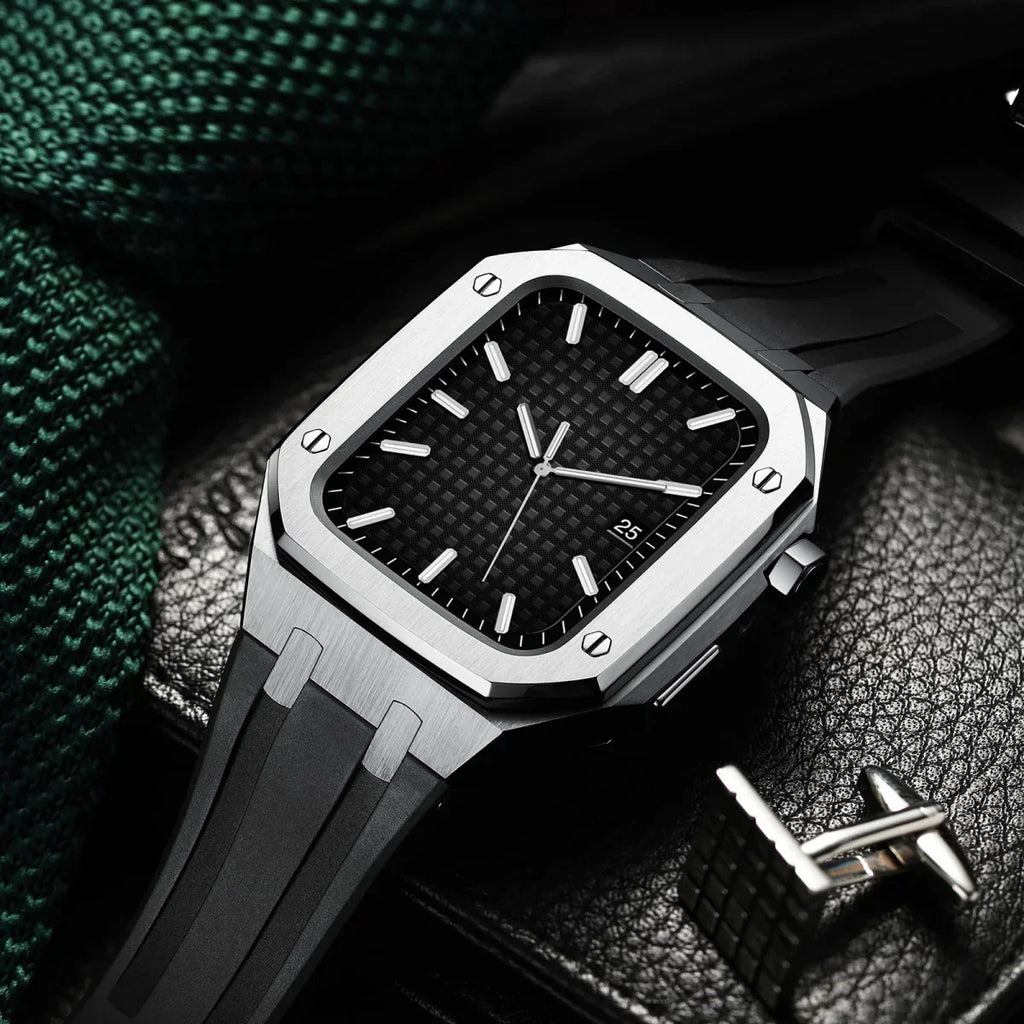 Kirello09 Apple Watch-dekselsett for ombygging — silikonrem, etui i 316L-stål - Desfino
