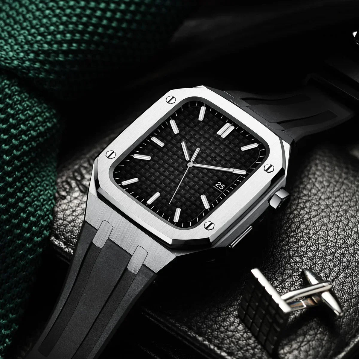 Kirello09 Apple Watch-dekselsett for ombygging — silikonrem, etui i 316L-stål - Desfino
