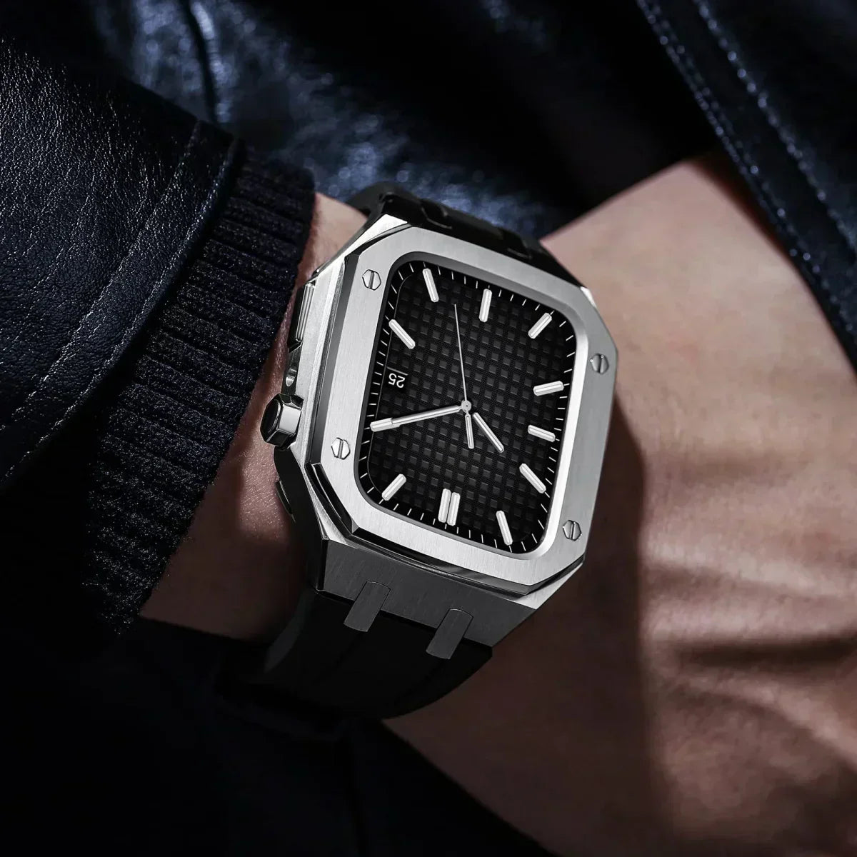 Kirello09 Apple Watch-dekselsett for ombygging — silikonrem, etui i 316L-stål - Desfino