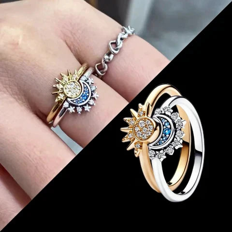Lunara 925-ös sterling ezüstgyűrű - hold-, nap- és kristálydíszek - Desfino