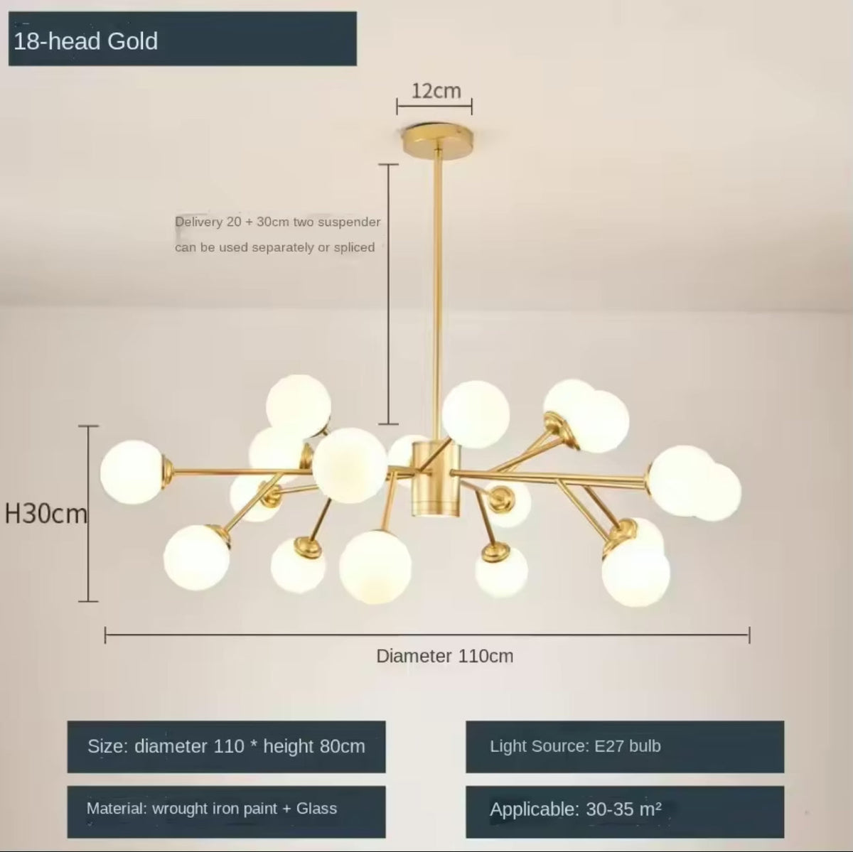 Marlow Bubble Chandelier — 30 cm Adjustable Hanging Pole - Desfino