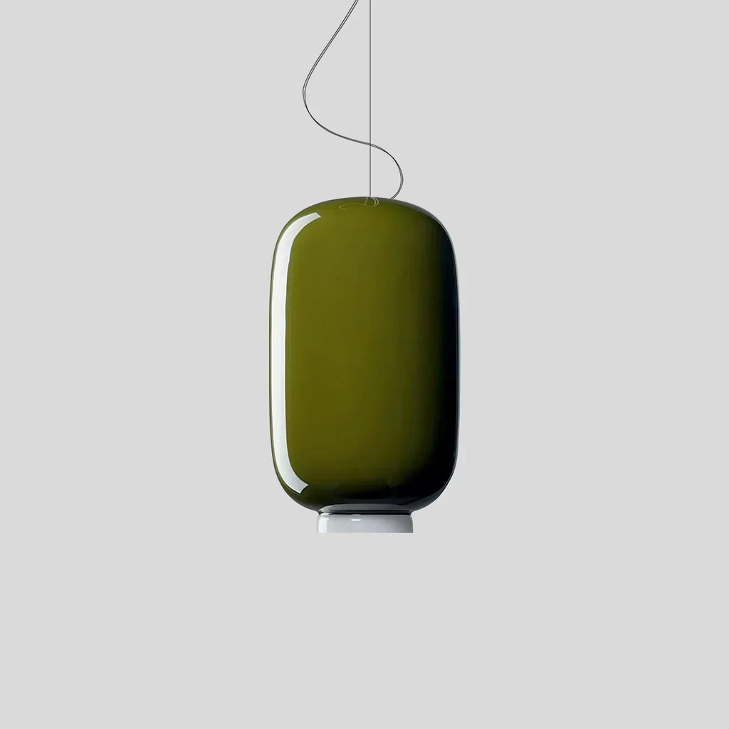 Moderne Pendelleuchte als Laterne aus farbigem Glas | Desfino