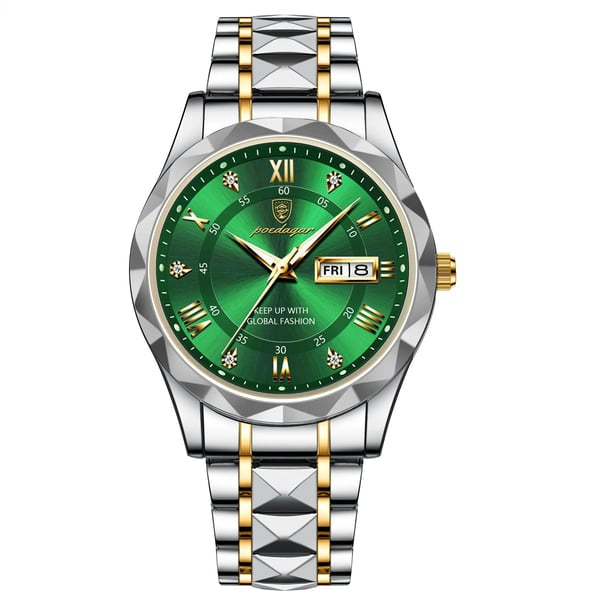 Maristel vanntett kvartsur for menn—40 mm svart, grønne visere, dag-dato - Desfino