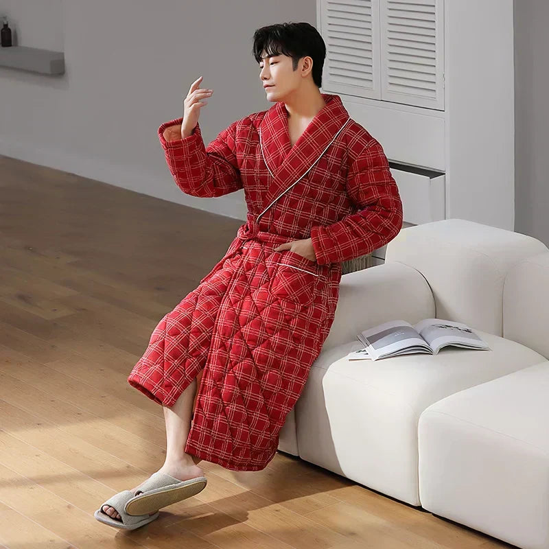 Accappatoio trapuntato in cotone CozyLayer — design lungo con cintura a tre strati - Desfino