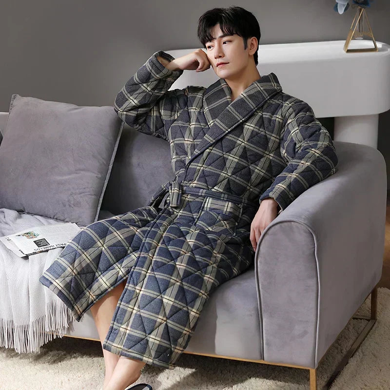 Accappatoio trapuntato in cotone CozyLayer — design lungo con cintura a tre strati - Desfino