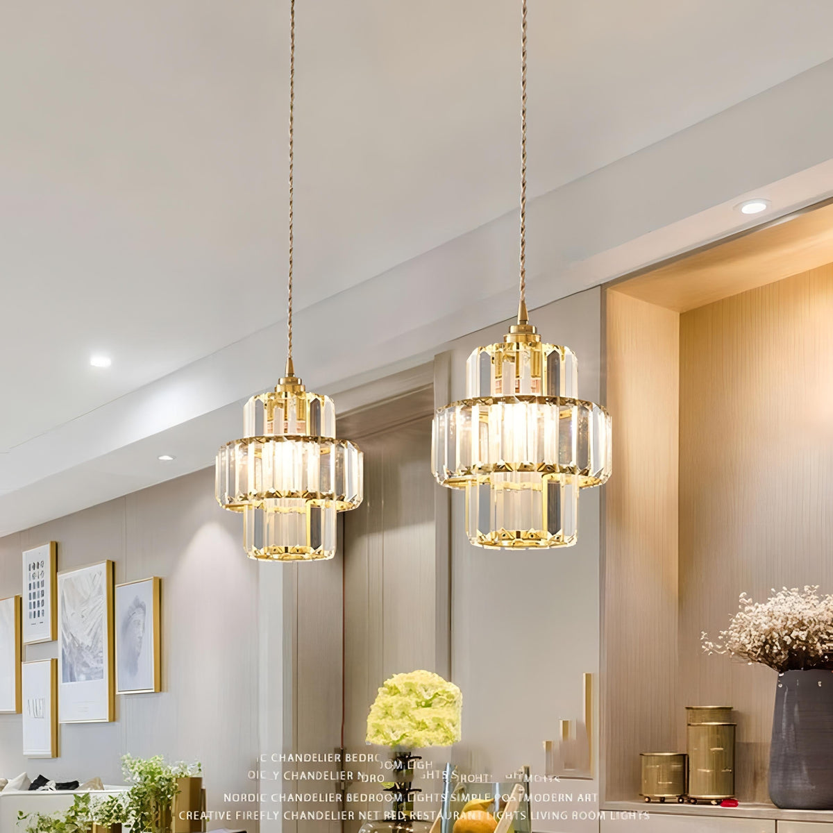 Aurelia gestreepte kristallen plafondlamp — zwart of goudkleurig snoer | Desfino