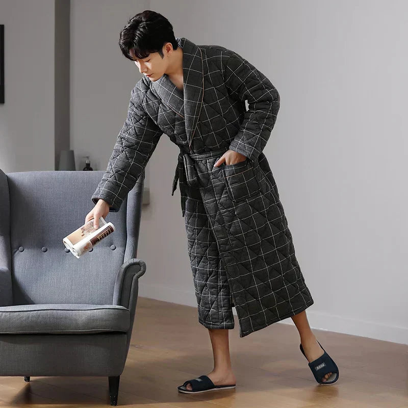 Accappatoio trapuntato in cotone CozyLayer — design lungo con cintura a tre strati - Desfino