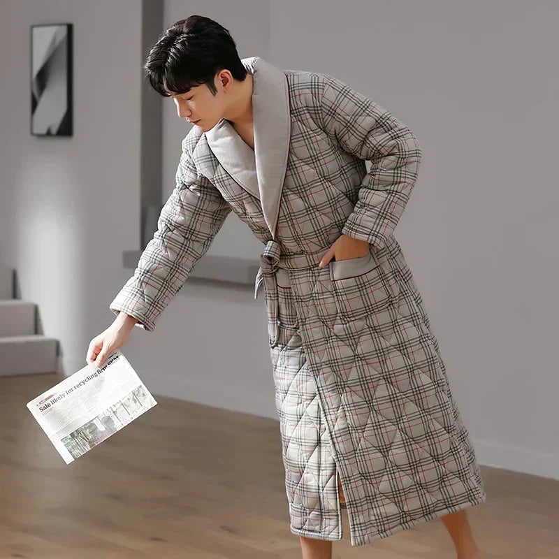 Accappatoio trapuntato in cotone CozyLayer — design lungo con cintura a tre strati - Desfino