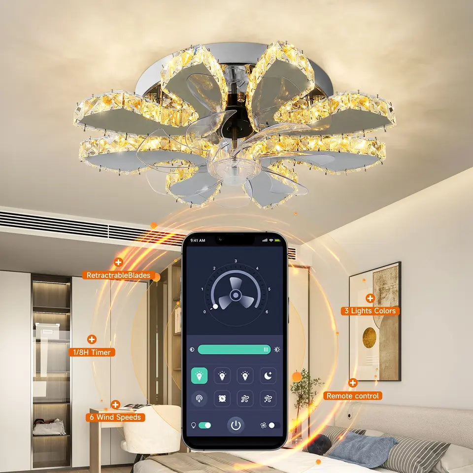 Lunera Fan—Smart Chrome Ceiling Fan, 13-Inch Retractable, Crystal LED - Desfino